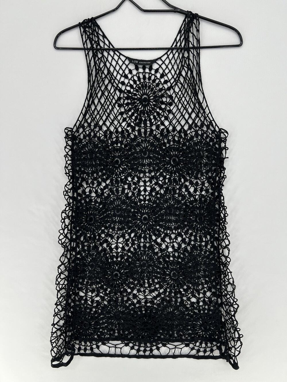Hippie Black Crochet Lace Tank Womens XS S Coverup Boho Festival Grunge Fairy
